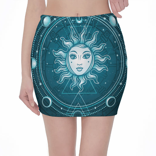 Geometric Celestial Sun And Moon Print Pencil Mini Skirt