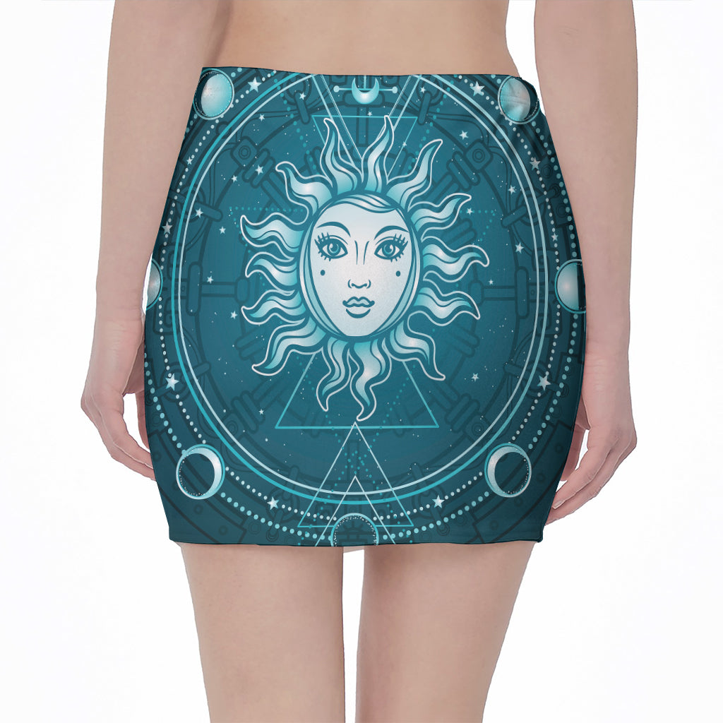 Geometric Celestial Sun And Moon Print Pencil Mini Skirt