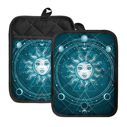 Geometric Celestial Sun And Moon Print Pot Holders With Pocket