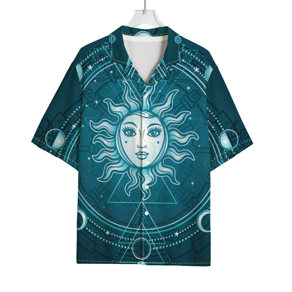 Geometric Celestial Sun And Moon Print Rayon Hawaiian Shirt