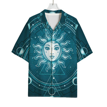 Geometric Celestial Sun And Moon Print Rayon Hawaiian Shirt