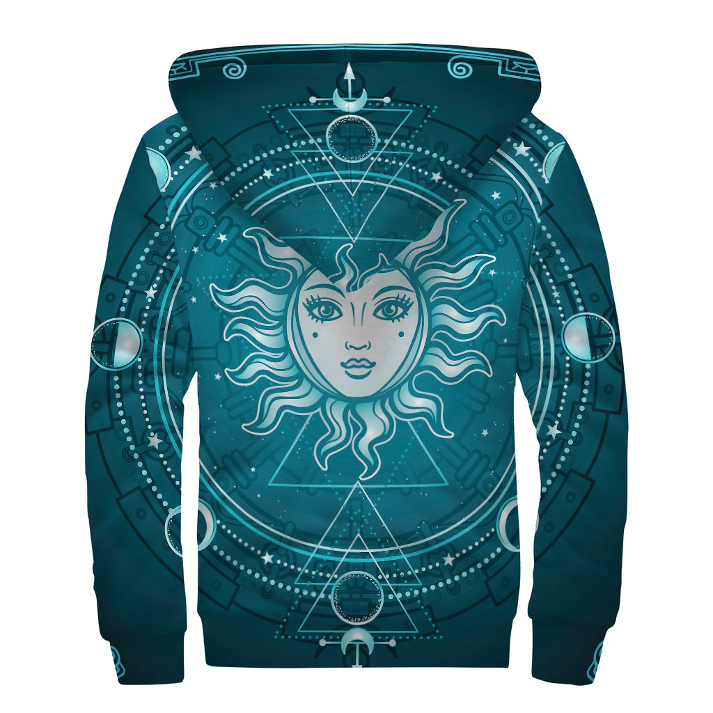 Geometric Celestial Sun And Moon Print Sherpa Lined Zip Up Hoodie