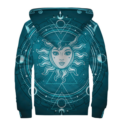 Geometric Celestial Sun And Moon Print Sherpa Lined Zip Up Hoodie