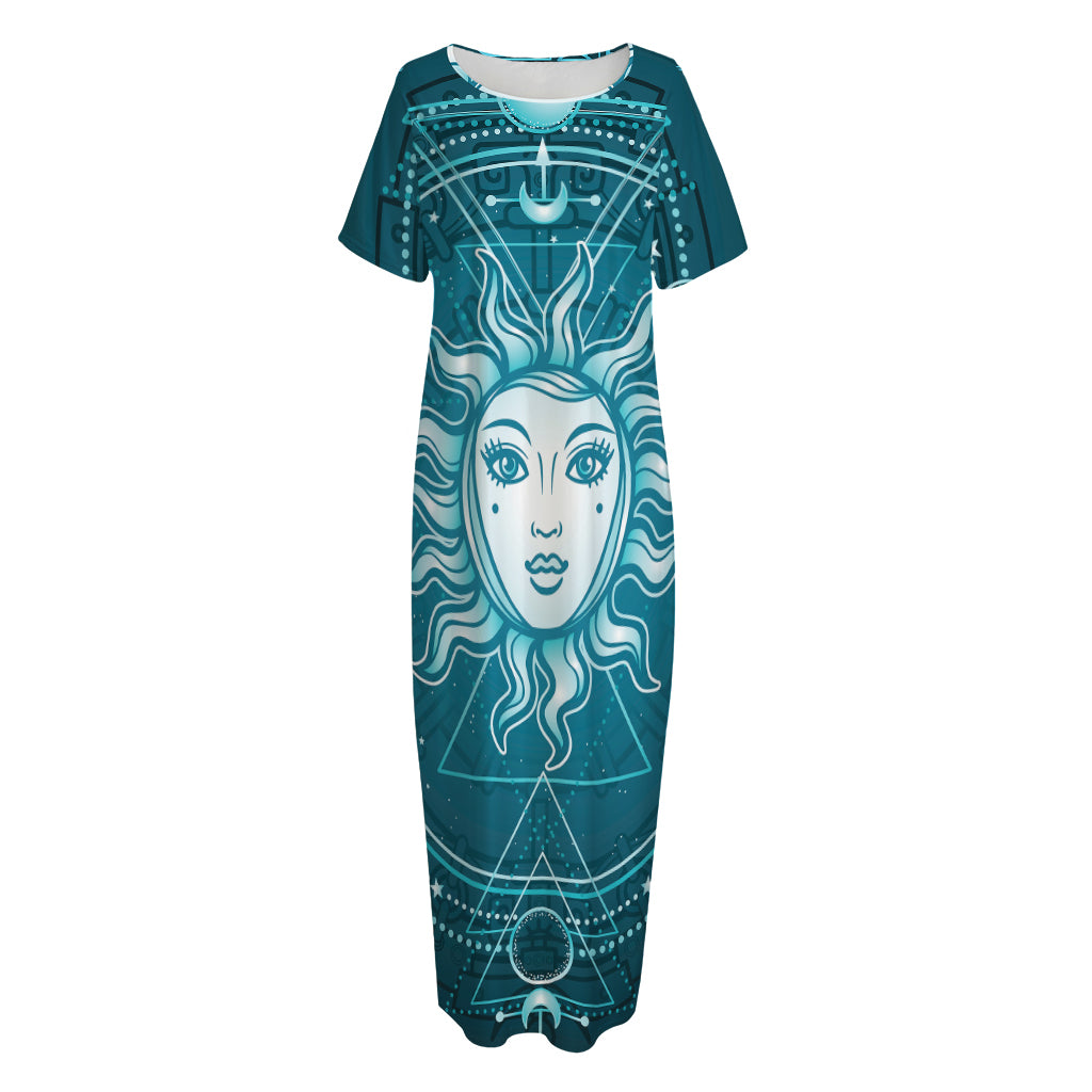 Geometric Celestial Sun And Moon Print Short Sleeve Long Nightdress
