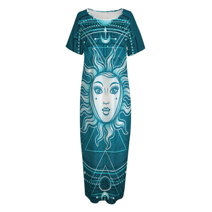 Geometric Celestial Sun And Moon Print Short Sleeve Long Nightdress