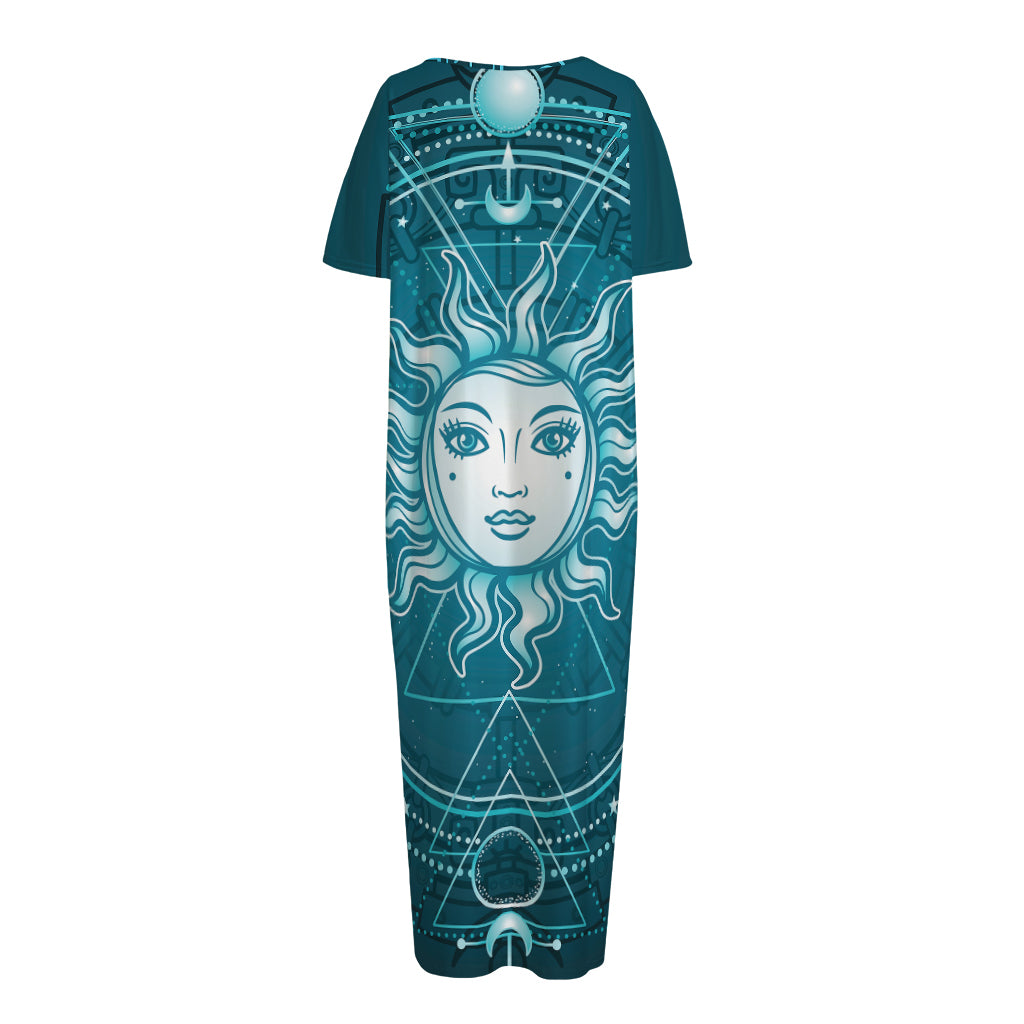 Geometric Celestial Sun And Moon Print Short Sleeve Long Nightdress