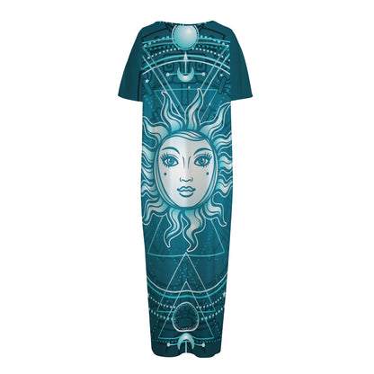 Geometric Celestial Sun And Moon Print Short Sleeve Long Nightdress