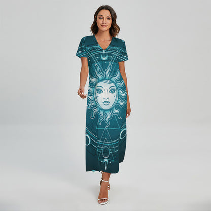 Geometric Celestial Sun And Moon Print Short Sleeve Maxi Dress