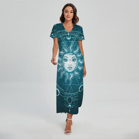 Geometric Celestial Sun And Moon Print Short Sleeve Maxi Dress