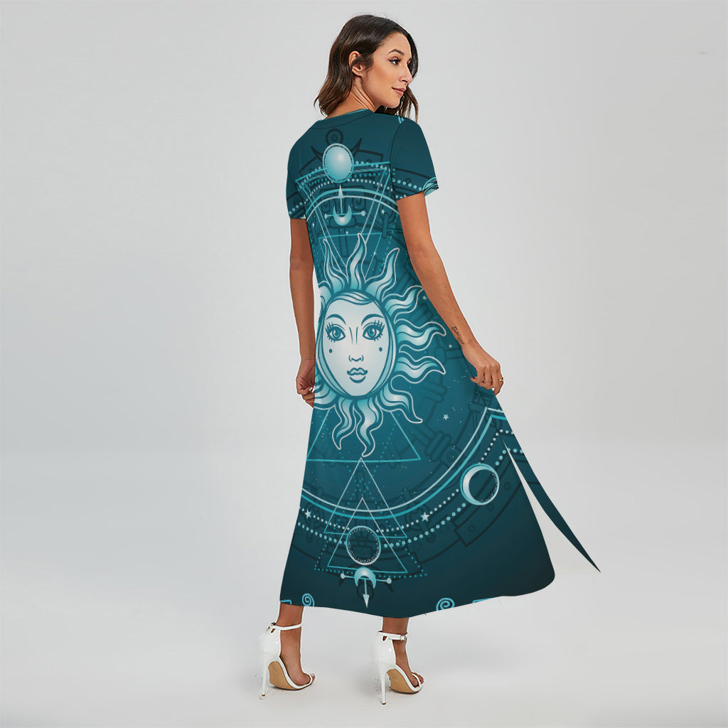 Geometric Celestial Sun And Moon Print Short Sleeve Maxi Dress