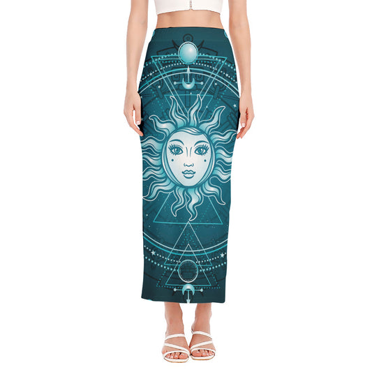 Geometric Celestial Sun And Moon Print Side Slit Maxi Skirt