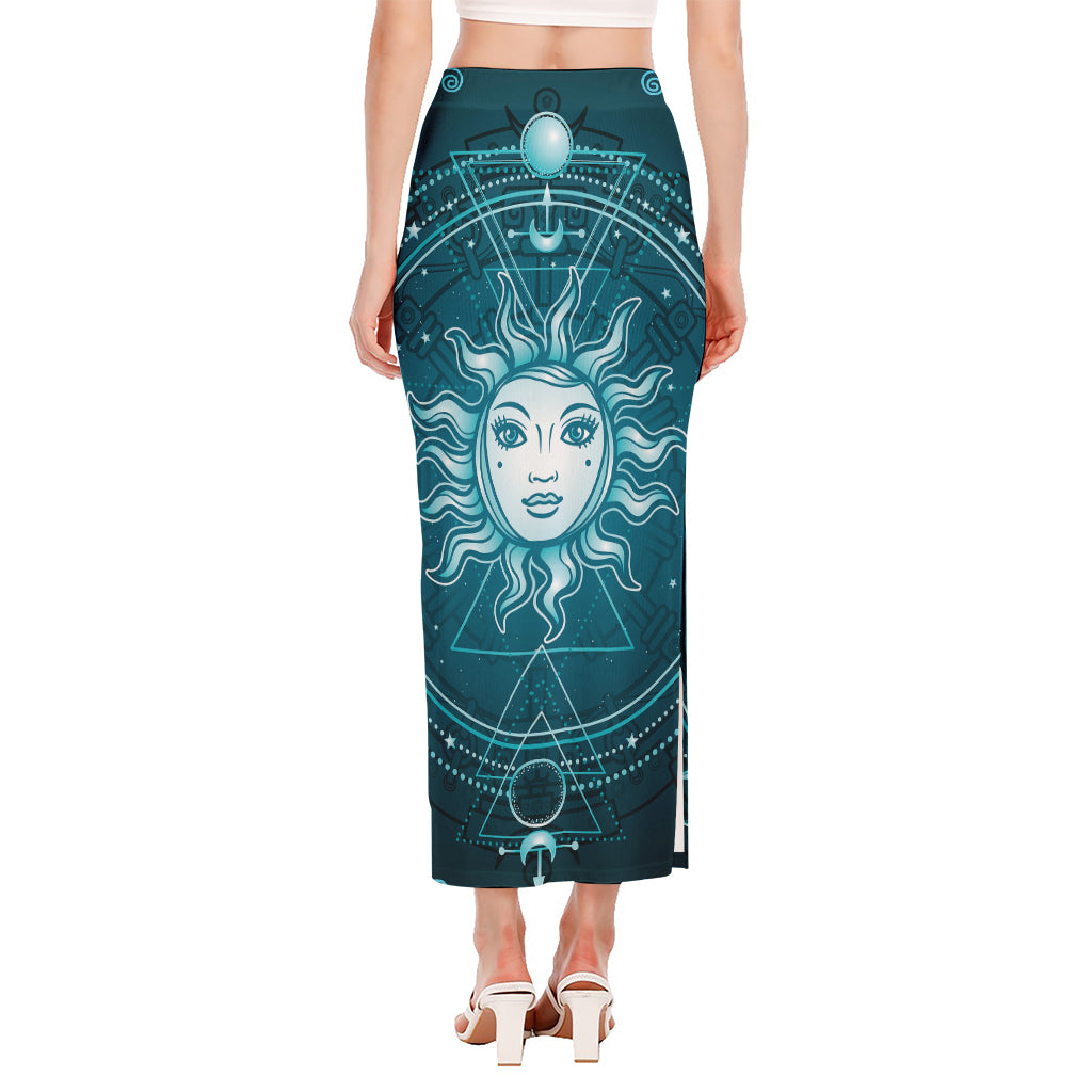 Geometric Celestial Sun And Moon Print Side Slit Maxi Skirt