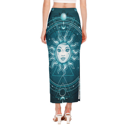 Geometric Celestial Sun And Moon Print Side Slit Maxi Skirt