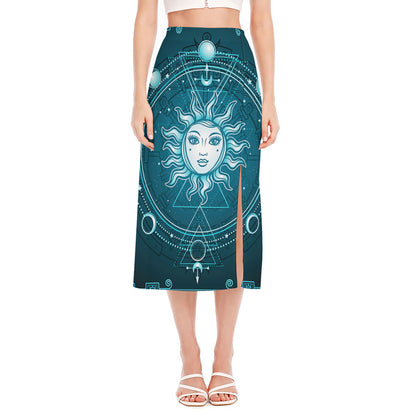 Geometric Celestial Sun And Moon Print Side Slit Midi Skirt