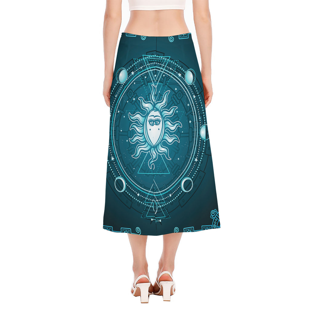 Geometric Celestial Sun And Moon Print Side Slit Midi Skirt