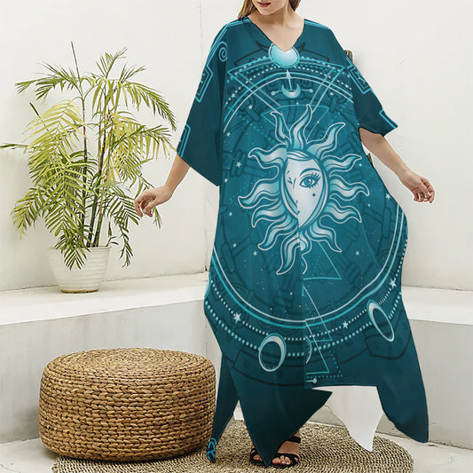 Geometric Celestial Sun And Moon Print Silk V-Neck Kaftan Dress