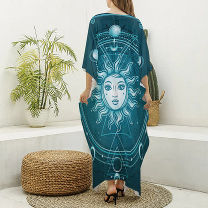 Geometric Celestial Sun And Moon Print Silk V-Neck Kaftan Dress