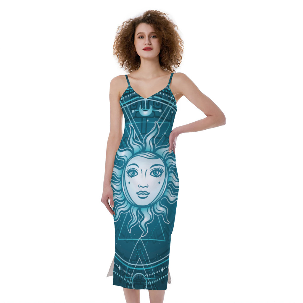Geometric Celestial Sun And Moon Print Slim Fit Midi Cami Dress