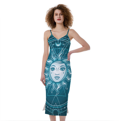 Geometric Celestial Sun And Moon Print Slim Fit Midi Cami Dress