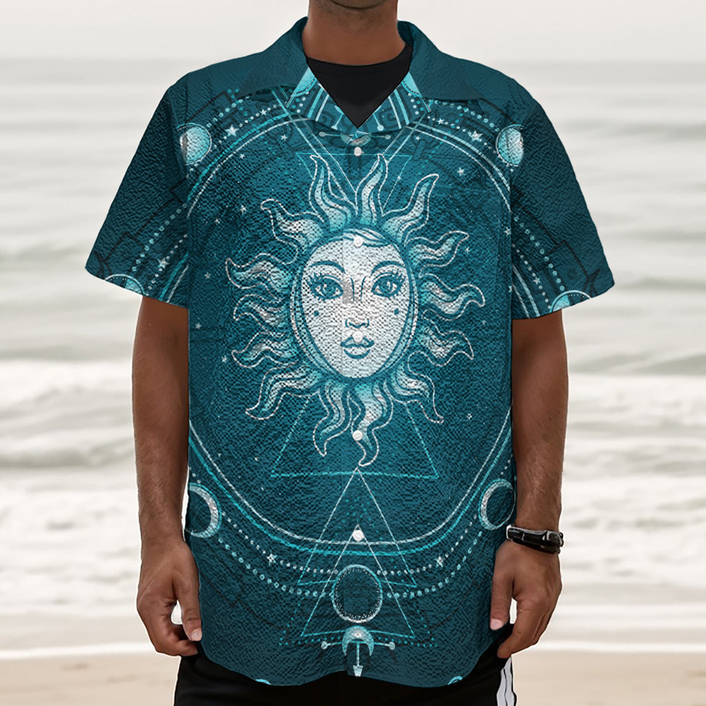 Geometric Celestial Sun And Moon Print Textured Short Sleeve Shirt