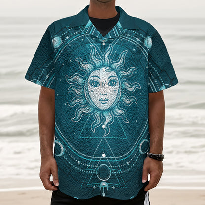Geometric Celestial Sun And Moon Print Textured Short Sleeve Shirt