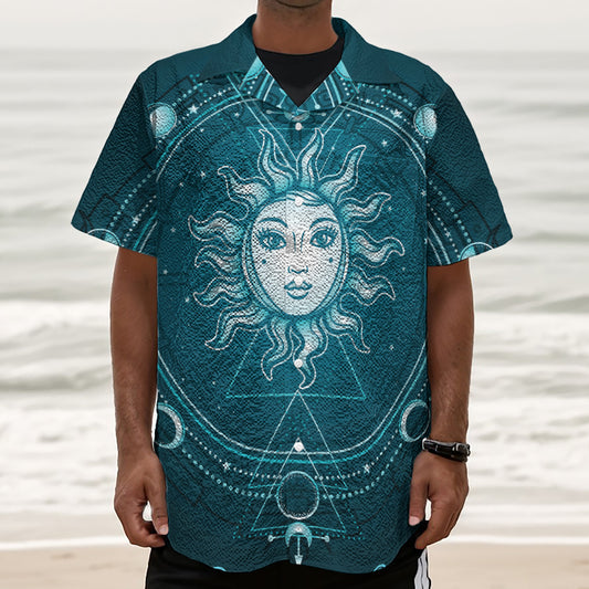 Geometric Celestial Sun And Moon Print Textured Short Sleeve Shirt