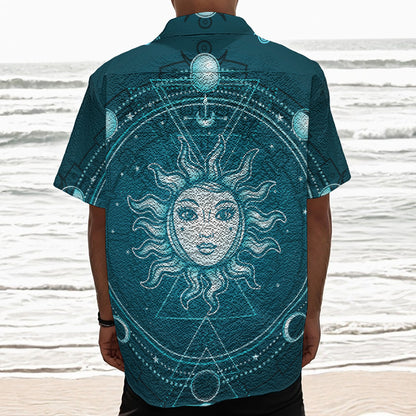 Geometric Celestial Sun And Moon Print Textured Short Sleeve Shirt