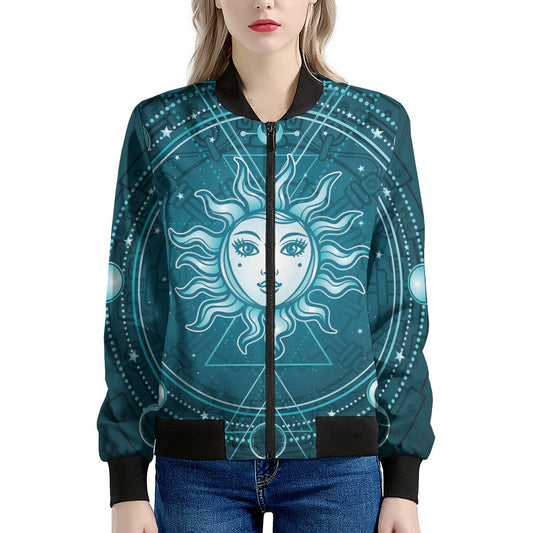 Geometric Celestial Sun And Moon Print Women's Bomber Jacket