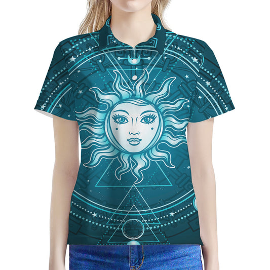 Geometric Celestial Sun And Moon Print Women's Polo Shirt