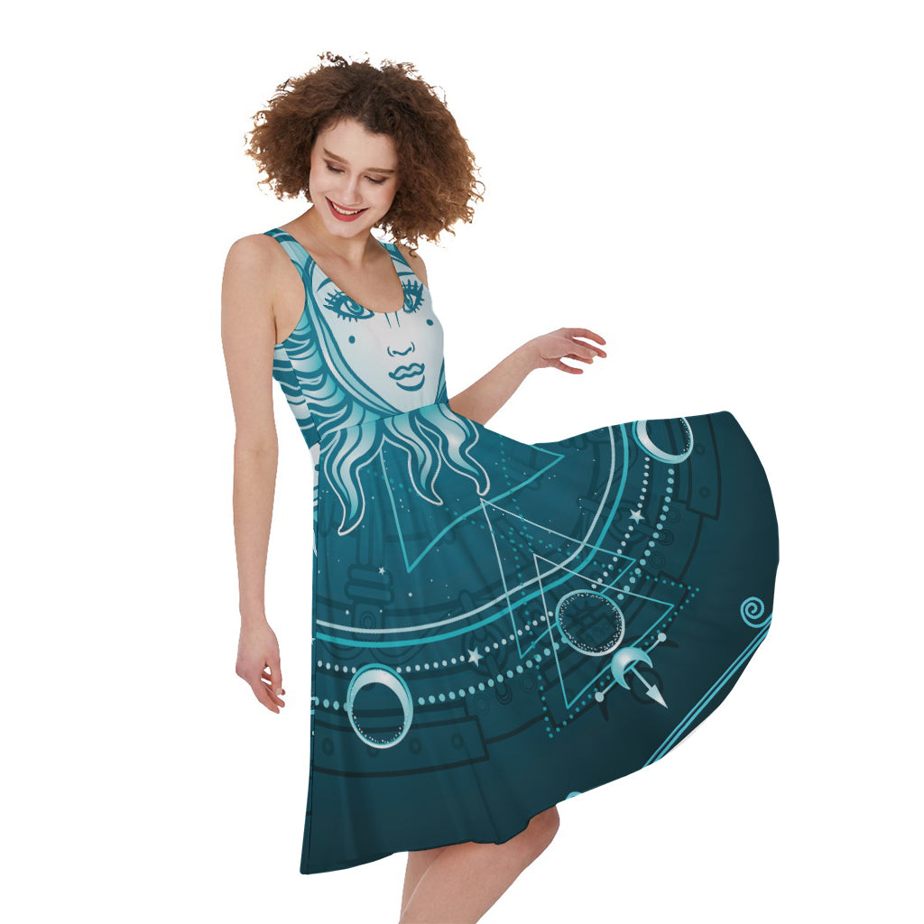 Geometric Celestial Sun And Moon Print Women's Sleeveless Dress