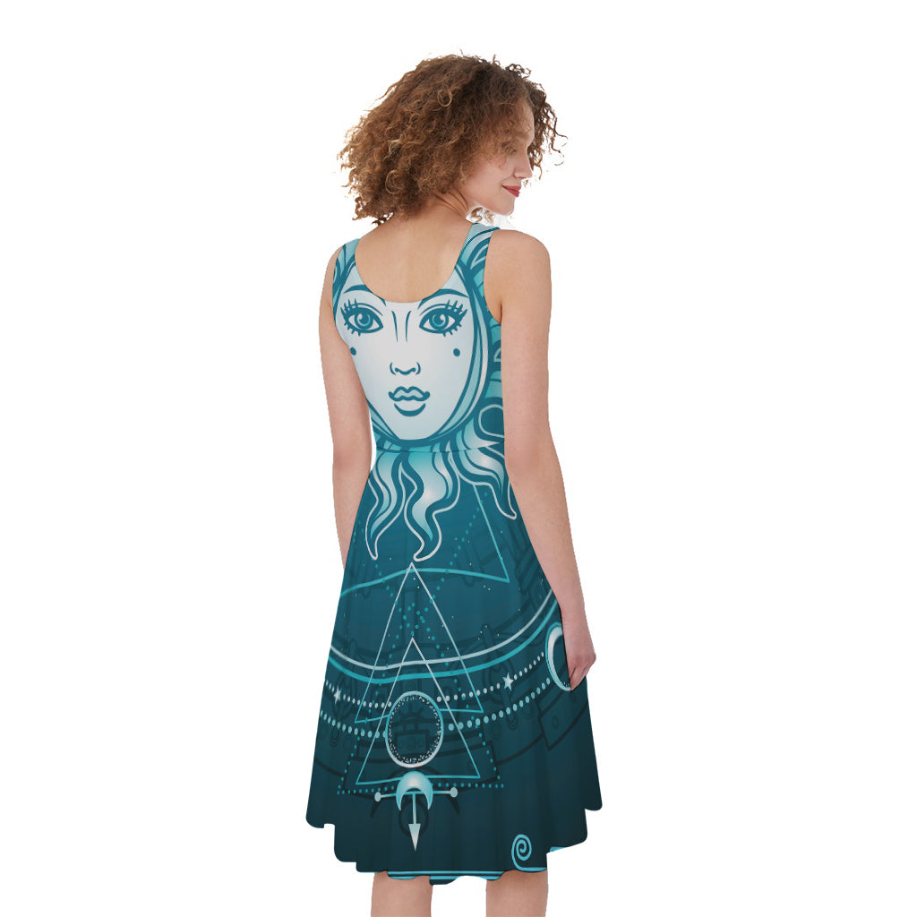 Geometric Celestial Sun And Moon Print Women's Sleeveless Dress