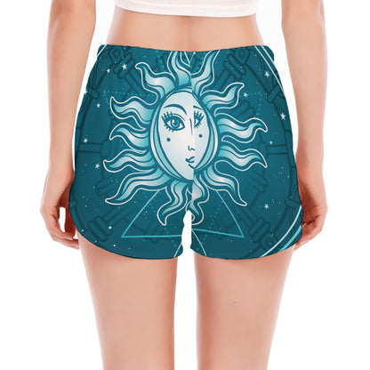 Geometric Celestial Sun And Moon Print Women's Split Running Shorts