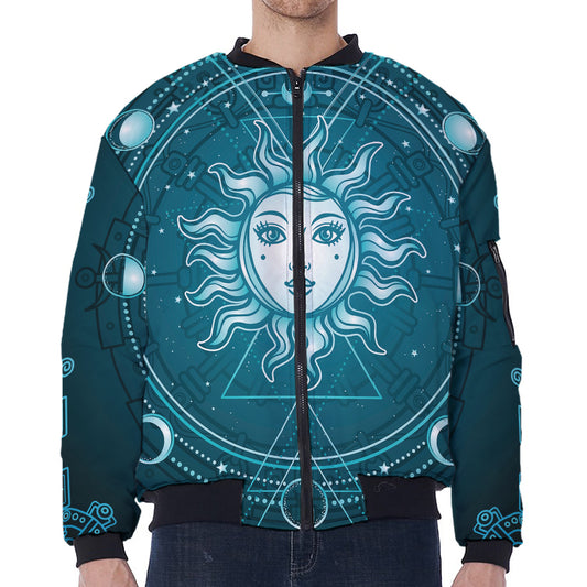 Geometric Celestial Sun And Moon Print Zip Sleeve Bomber Jacket