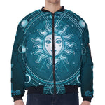 Geometric Celestial Sun And Moon Print Zip Sleeve Bomber Jacket