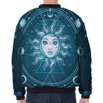 Geometric Celestial Sun And Moon Print Zip Sleeve Bomber Jacket