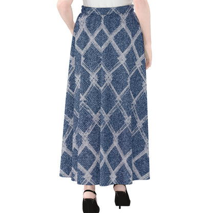 Geometric Denim Jeans Pattern Print Chiffon Maxi Skirt