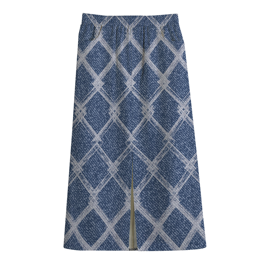 Geometric Denim Jeans Pattern Print Cotton Front Slit Maxi Skirt