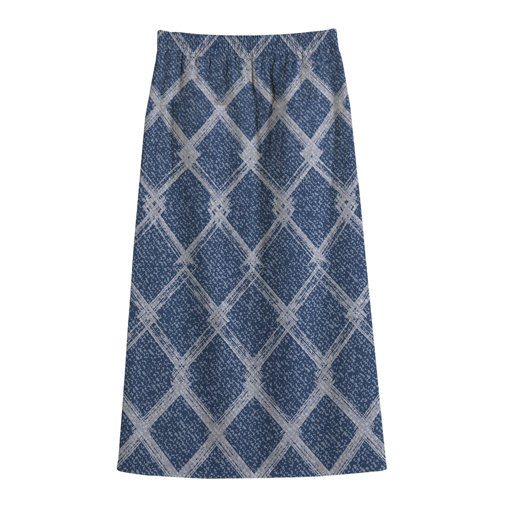 Geometric Denim Jeans Pattern Print Cotton Front Slit Maxi Skirt