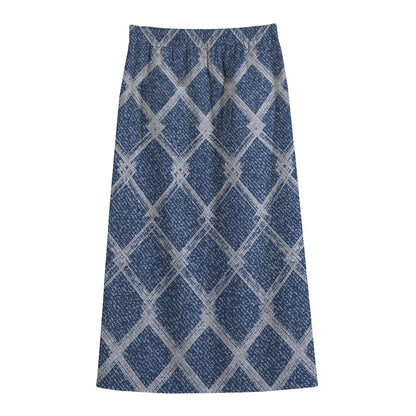 Geometric Denim Jeans Pattern Print Cotton Front Slit Maxi Skirt