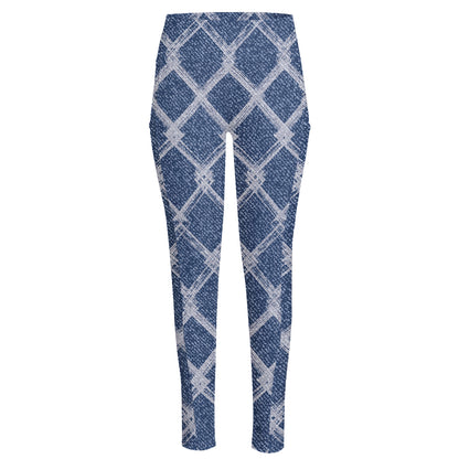 Geometric Denim Jeans Pattern Print High-Waisted Pocket Leggings