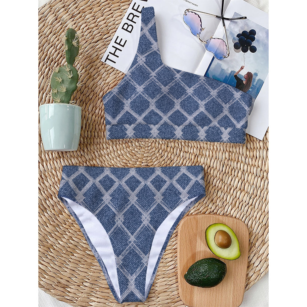 Geometric Denim Jeans Pattern Print One Shoulder Bikini Top