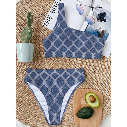 Geometric Denim Jeans Pattern Print One Shoulder Bikini Top