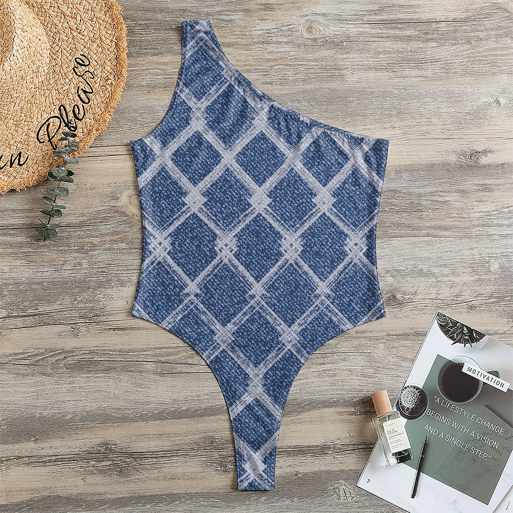 Geometric Denim Jeans Pattern Print One Shoulder Bodysuit