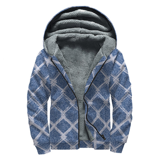 Geometric Denim Jeans Pattern Print Sherpa Lined Zip Up Hoodie