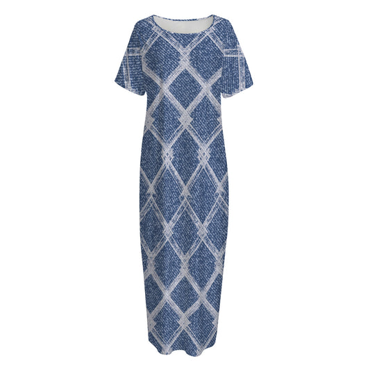 Geometric Denim Jeans Pattern Print Short Sleeve Long Nightdress