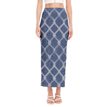 Geometric Denim Jeans Pattern Print Side Slit Maxi Skirt