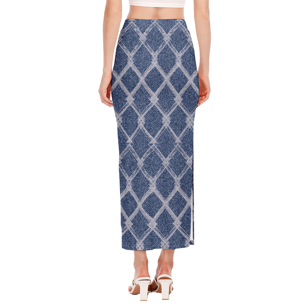 Geometric Denim Jeans Pattern Print Side Slit Maxi Skirt