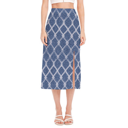 Geometric Denim Jeans Pattern Print Side Slit Midi Skirt