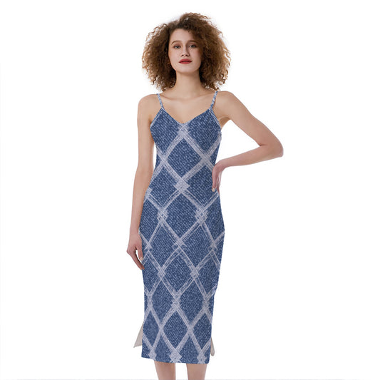 Geometric Denim Jeans Pattern Print Slim Fit Midi Cami Dress
