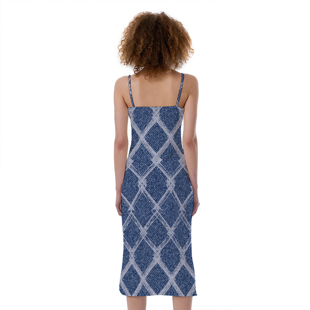 Geometric Denim Jeans Pattern Print Slim Fit Midi Cami Dress